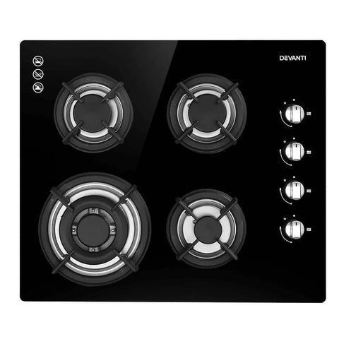 darrahopens Appliances > Kitchen Appliances Devanti Gas Cooktop 60cm 4 Burner Glass Cook Top Cooker Stove Hob NG LPG Black