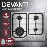 darrahopens Appliances > Kitchen Appliances Devanti Gas Cooktop 60cm Gas Stove Cooker 4 Burner Cook Top Konbs NG LPG Steel