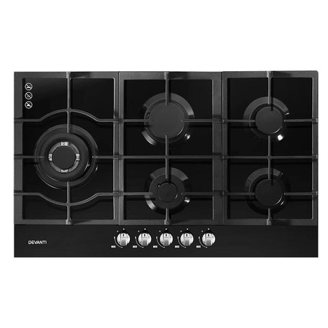 darrahopens Appliances > Kitchen Appliances Devanti Gas Cooktop 90cm 5 Burner Stove Hob Cooker Kitchen NG LPG Black Glass