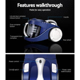 darrahopens Appliances > Vacuum Cleaners Devanti Vacuum Cleaner Bagless Cyclone Cyclonic Vac Home Office Car 2200W Blue