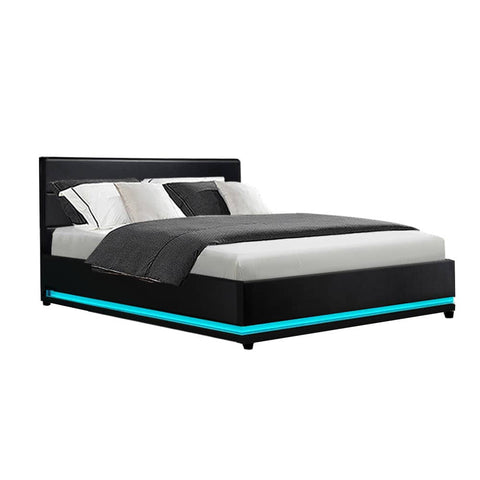 darrahopens Artiss Lumi LED Bed Frame PU Leather Gas Lift Storage - Black Double