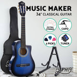 darrahopens Audio & Video > Musical Instrument & Accessories Alpha 34" Inch Guitar Classical Acoustic Cutaway Wooden Ideal Kids Gift Children 1/2 Size Blue with Capo Tuner