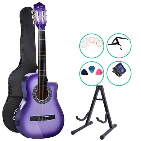 darrahopens Audio & Video > Musical Instrument & Accessories Alpha 34" Inch Guitar Classical Acoustic Cutaway Wooden Ideal Kids Gift Children 1/2 Size Purple with Capo Tuner