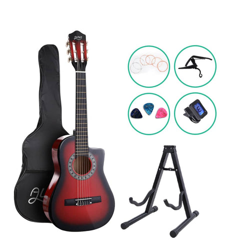 darrahopens Audio & Video > Musical Instrument & Accessories Alpha 34" Inch Guitar Classical Acoustic Cutaway Wooden Ideal Kids Gift Children 1/2 Size Red with Capo Tuner