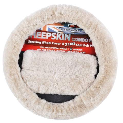 darrahopens Auto Accessories > Auto Accessories Others Sheepskin Steering Wheel Cover & Seat Belt Pads Combo Luxury - Mocha
