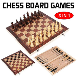 darrahopens Baby & Kids > Toys 3 IN 1 Wooden Chess Set Folding Chessboard Wood Pieces Draughts Backgammon Toy