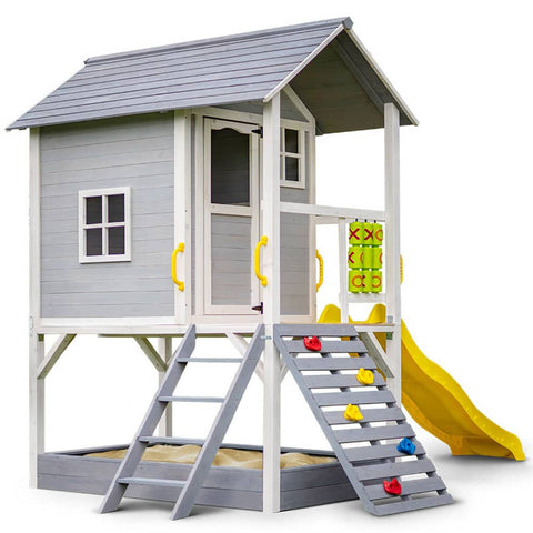 Darrahopens Baby & Kids > Toys ROVO KIDS Wooden Tower Cubby House with Slide, Sandpit, Climbing Wall, Noughts & Crosses