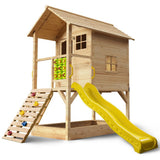 Darrahopens Baby & Kids > Toys ROVO KIDS Wooden Tower Cubby House with Slide, Sandpit, Climbing Wall, Noughts & Crosses, Natural Colour
