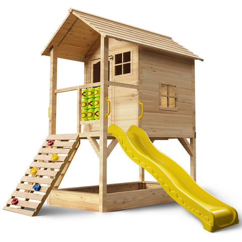 Darrahopens Baby & Kids > Toys ROVO KIDS Wooden Tower Cubby House with Slide, Sandpit, Climbing Wall, Noughts & Crosses, Natural Colour