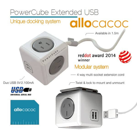 darrahopens Electronics > Battery Chargers & Power Allocacoc PowerCube Extended USB Powerboard 4-Outlets 2 USB Ports Grey-White 1.5m
