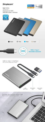darrahopens Electronics > Computer Accessories Simplecom SE221 Aluminium 2.5'' SATA HDD/SSD to USB 3.1 Enclosure Blue