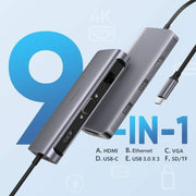 darrahopens Electronics > Computer Accessories UGREEN Type C 9 in 1 Multifunction Adapter- HDMI/ VGA/Gigabit/TypeC/USB3.0 x 3/SD/TF (40873)