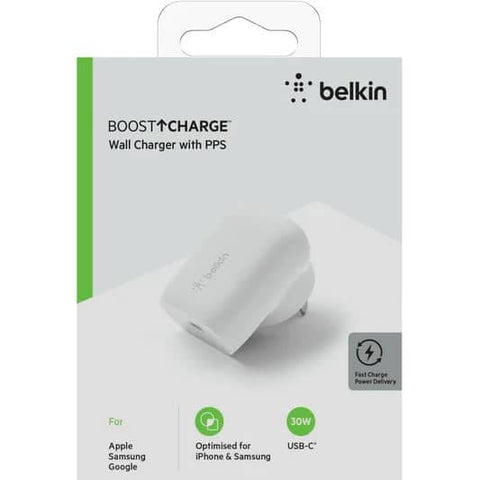 Darrahopens Electronics > Mobile Accessories BELKIN BOOST CHARGE 30W USB-C PD Wall Charger - White (WCA005auWH),Dual charging technologies USB-C PD 3.0 and PPS, Universally compatible