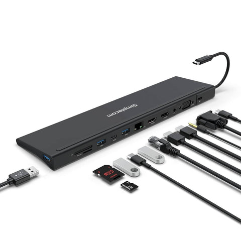 Darrahopens Electronics > USB Gadgets Simplecom CHN622 USB-C 12-in-1 Multiport Docking Station Laptop Stand Dual HDMI + VGA Triple Display Gigabit LAN