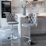 Darrahopens Furniture > Bar Stools & Chairs 2x Height Adjustable Swivel Bar Stool Velvet Stud Barstool with Footrest and Chromed Base- Gray
