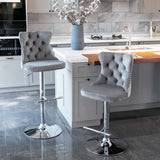 Darrahopens Furniture > Bar Stools & Chairs 2x Height Adjustable Swivel Bar Stool Velvet Stud Barstool with Footrest and Chromed Base- Gray