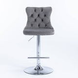 Darrahopens Furniture > Bar Stools & Chairs 2x Height Adjustable Swivel Bar Stool Velvet Stud Barstool with Footrest and Chromed Base- Gray