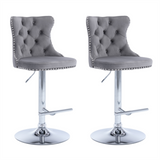Darrahopens Furniture > Bar Stools & Chairs 2x Height Adjustable Swivel Bar Stool Velvet Stud Barstool with Footrest and Chromed Base- Gray