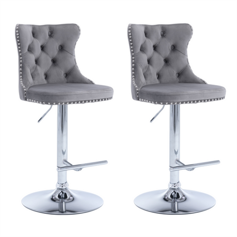 Darrahopens Furniture > Bar Stools & Chairs 2x Height Adjustable Swivel Bar Stool Velvet Stud Barstool with Footrest and Chromed Base- Gray