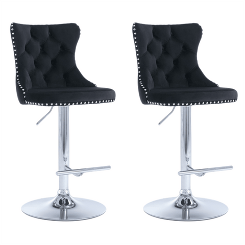 Darrahopens Furniture > Bar Stools & Chairs 2x Height Adjustable Swivel Bar Stool Velvet Studs Barstool with Footrest and Chromed Base- Black