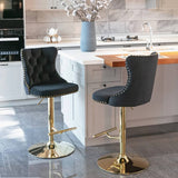 Darrahopens Furniture > Bar Stools & Chairs 2x Height Adjustable Swivel Bar Stool Velvet Studs Barstool with Footrest and Golden Base- Black