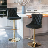 Darrahopens Furniture > Bar Stools & Chairs 2x Height Adjustable Swivel Bar Stool Velvet Studs Barstool with Footrest and Golden Base- Black