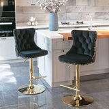 Darrahopens Furniture > Bar Stools & Chairs 2x Height Adjustable Swivel Bar Stool Velvet Studs Barstool with Footrest and Golden Base- Black