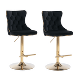 Darrahopens Furniture > Bar Stools & Chairs 2x Height Adjustable Swivel Bar Stool Velvet Studs Barstool with Footrest and Golden Base- Black