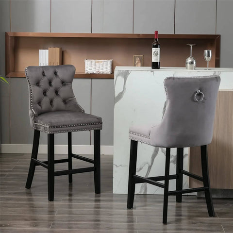 darrahopens Furniture > Bar Stools & Chairs 2X Velvet Bar Stools with Studs Trim Wooden Legs Tufted Dining Chairs Kitchen