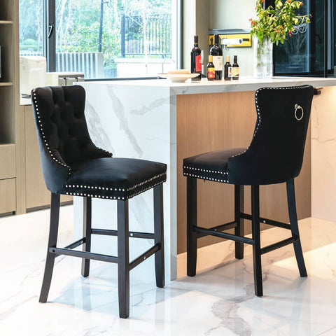 darrahopens Furniture > Bar Stools & Chairs 2X Velvet Bar Stools with Studs Trim Wooden Legs Tufted Dining Chairs Kitchen