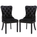 Darrahopens Furniture > Bar Stools & Chairs 2x Velvet Dining Chairs Upholstered Tufted Kithcen Chair with Solid Wood Legs Stud Trim and Ring-Black