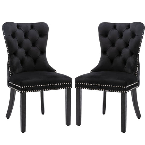 Darrahopens Furniture > Bar Stools & Chairs 2x Velvet Dining Chairs Upholstered Tufted Kithcen Chair with Solid Wood Legs Stud Trim and Ring-Black