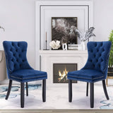 Darrahopens Furniture > Bar Stools & Chairs 2x Velvet Dining Chairs Upholstered Tufted Kithcen Chair with Solid Wood Legs Stud Trim and Ring-Blue