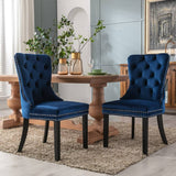Darrahopens Furniture > Bar Stools & Chairs 2x Velvet Dining Chairs Upholstered Tufted Kithcen Chair with Solid Wood Legs Stud Trim and Ring-Blue