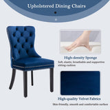 Darrahopens Furniture > Bar Stools & Chairs 2x Velvet Dining Chairs Upholstered Tufted Kithcen Chair with Solid Wood Legs Stud Trim and Ring-Blue