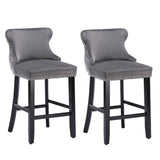 Darrahopens Furniture > Bar Stools & Chairs 2x Velvet Upholstered Button Tufted Bar Stools with Wood Legs and Studs-Grey