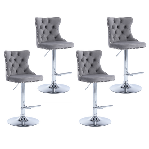 Darrahopens Furniture > Bar Stools & Chairs 4x Height Adjustable Swivel Bar Stool Velvet Stud Barstool with Footrest and Chromed Base- Gray