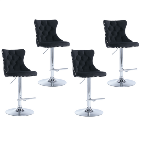 Darrahopens Furniture > Bar Stools & Chairs 4x Height Adjustable Swivel Bar Stool Velvet Studs Barstool with Footrest and Chromed Base- Black