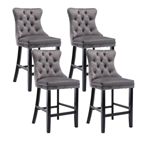 Darrahopens Furniture > Bar Stools & Chairs 4X Velvet Bar Stools with Studs Trim Wooden Legs Tufted Dining Chairs Kitchen