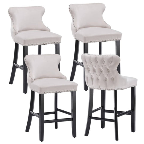 Darrahopens Furniture > Bar Stools & Chairs 4x Velvet Upholstered Button Tufted Bar Stools with Wood Legs and Studs-Beige
