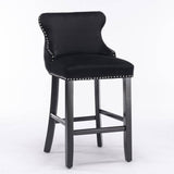 Darrahopens Furniture > Bar Stools & Chairs 4x Velvet Upholstered Button Tufted Bar Stools with Wood Legs and Studs-Black