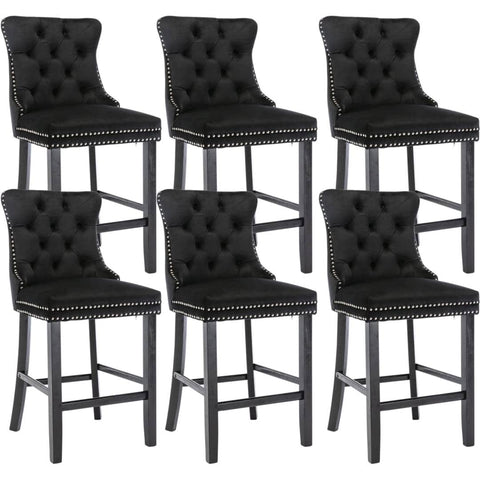 Darrahopens Furniture > Bar Stools & Chairs 6X Velvet Bar Stools with Studs Trim Wooden Legs Tufted Dining Chairs Kitchen