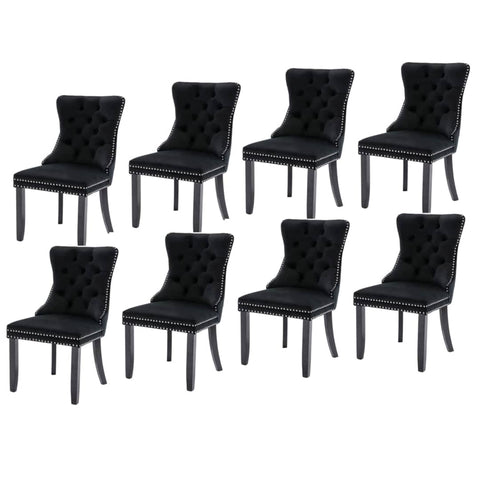 Darrahopens Furniture > Bar Stools & Chairs 8x Velvet Dining Chairs Upholstered Tufted Kithcen Chair with Solid Wood Legs Stud Trim and Ring-Black
