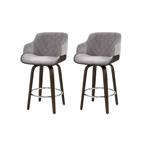 Darrahopens Furniture > Bar Stools & Chairs Artiss 2x Kitchen Bar Stools Wooden Bar Stool Chairs Swivel Velvet Fabric Grey