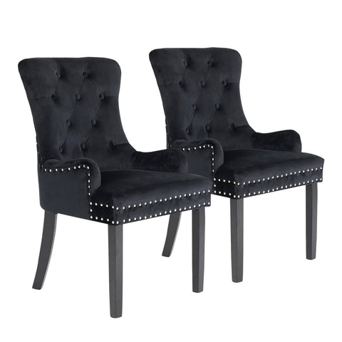 darrahopens Furniture > Bar Stools & Chairs La Bella 2 Set Black French Provincial Dining Chair Ring Studded Lisse Velvet Rubberwood