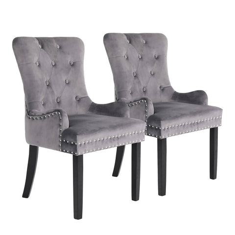 darrahopens Furniture > Bar Stools & Chairs La Bella 2 Set Grey French Provincial Dining Chair Ring Studded Lisse Velvet Rubberwood