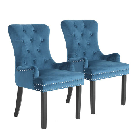 darrahopens Furniture > Bar Stools & Chairs La Bella 2 Set Navy Blue French Provincial Dining Chair Ring Studded Lisse Velvet Rubberwood
