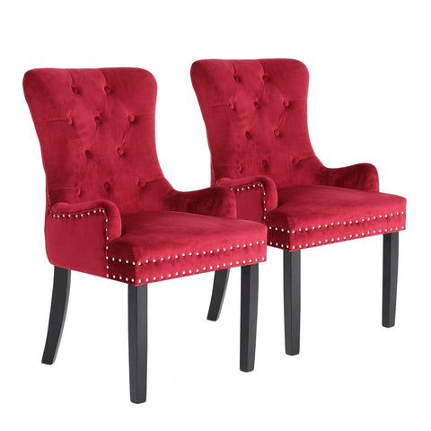 darrahopens Furniture > Bar Stools & Chairs La Bella 2 Set Red French Provincial Dining Chair Ring Studded Lisse Velvet Rubberwood