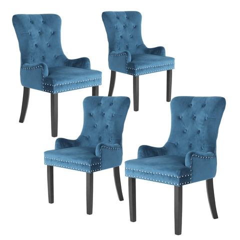 darrahopens Furniture > Bar Stools & Chairs La Bella 4 Set Navy Blue French Provincial Dining Chair Ring Studded Lisse Velvet Rubberwood