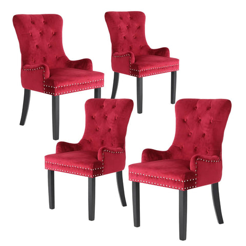 darrahopens Furniture > Bar Stools & Chairs La Bella 4 Set Red French Provincial Dining Chair Ring Studded Lisse Velvet Rubberwood